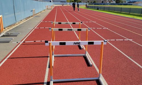 Three lanes are created with Hurdle Assist while using only one lane for the physical hurdles. This saves set up and storing time. (2)